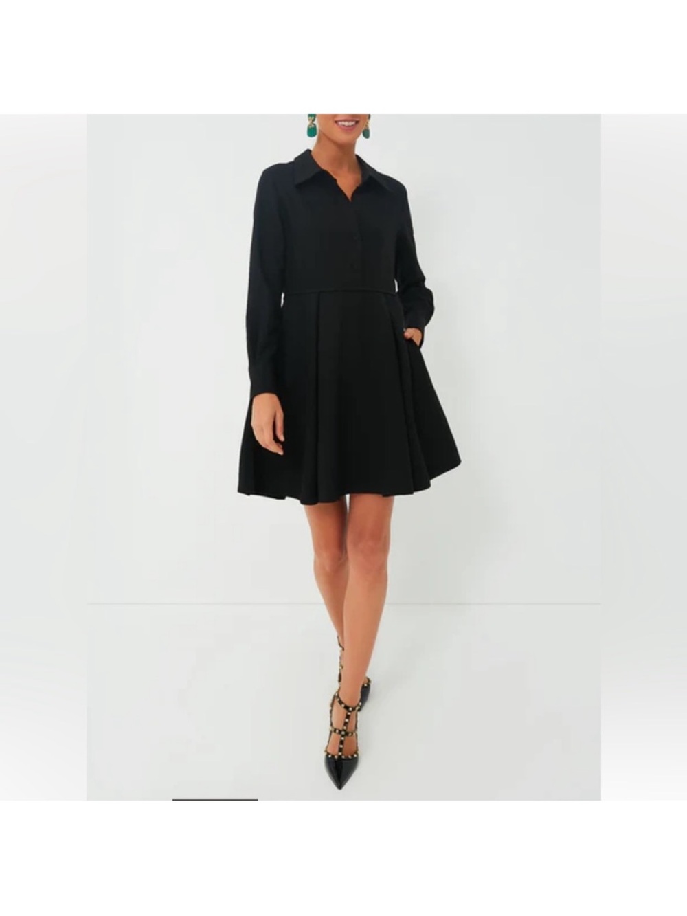 Pomander Place Black Long-Sleeve Collared Fit-and-Flare Annalise Dress. Size M
